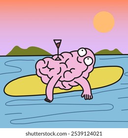 Happy Relax Brain Is Laying On Floating Bed Concept cartoon character illustration