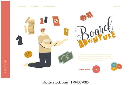 Happy Relax with Friends, Strategy Gaming Landing Page Template. Male Character with Equipment for Playing Board Game. Spare Time Recreation, Weekend Activity, Leisure. Linear Vector Illustration