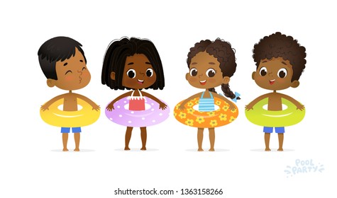 Happy Relax Holiday Children Swimming Pool Party. Swimsuit Boy Character with Yellow Ring on Fun Sea Resort. Afro American Girls Relax Sunny Vacation Flat Cartoon Vector Illustration.