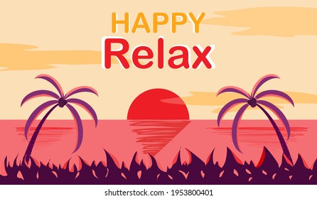 Feliz Relax. El nombre del texto se relaja con el verano natural de fondo. Vector de coco de mar con nubes celeste y puesta de sol. Ilustración para el verano, fondo, textura, imágenes de arte.