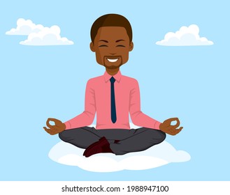 Happy relaxed black businessman making yoga pose floating on sky cloud