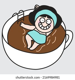 Happy Relaxed Girl Lays Over Black Coffee In A Giant White Mug Concept Card Character illustration