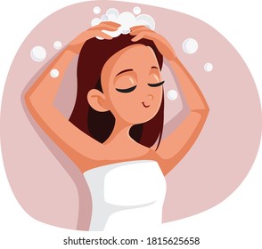 Happy Relaxed Girl Washing Her Hair Vector Cartoon. Young Woman Using Shampoo And Hair Care Products
