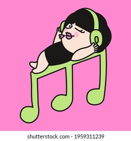 Happy Relaxed Girl With Wireless Headphone Laying On Music Notes Concept Card Character illustration