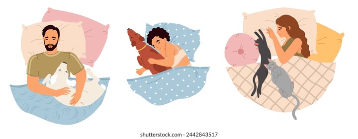 Happy relaxed people cartoon characters cuddling resting with pets in bed at night vector illustration. Pretty woman and handsome man sleeping enjoying sweet dreams with lovely domestic animals