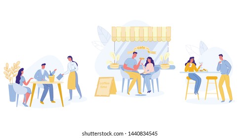 Happy Relaxed People Sitting at Tables at Outdoor Cafe at Summer Time, Drinking Beverages Talking on Coffee Shop Window Background. Men and Women Characters Relaxing Cartoon Flat Vector Illustration