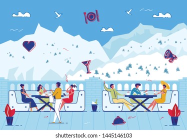 Happy Relaxed People Sitting at Tables on Beautiful Mountains Landscape View Background. Highland Resort Outdoor Cafe at Summertime, Characters Drink Beverages Talking Cartoon Flat Vector Illustration