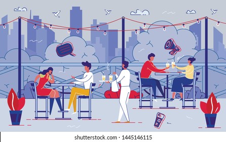 Happy Relaxed People Sitting at Tables at Outdoor Cafe at Summer Time, Drinking Beverages Talking on Cityscape View Background. Men and Women Characters Relaxing. Cartoon Flat Vector Illustration