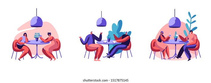 Happy Relaxed People Sitting at Tables in Cafe Set. Male and Female Characters Drinking Beverages Talking at Coffee Shop. Men and Women Friends Relaxing and Dating. Cartoon Flat Vector Illustration