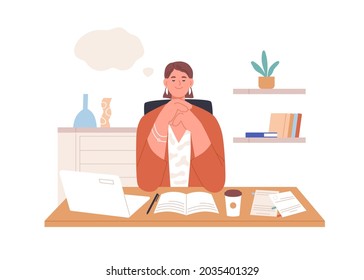 Happy relaxed person dreaming at work in office. Inspired creative employee resting and thinking, imagining smth in thought bubble and writing. Flat vector illustration isolated on white background