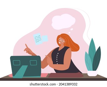 Happy relaxed person dreaming at work in office. Inspired creative employee resting and thinking, imagining smth in thought bubble and writing. Flat vector illustration isolated on white background