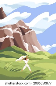 Happy relaxed person in peaceful nature alone. Free woman walking and running outdoors in summer wind, enjoying calm serene landscape with grass, mountain and sky with clouds. Flat vector illustration