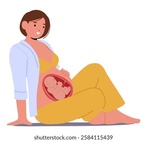 Happy relaxed pregnant woman cartoon character with baby inside belly expecting childbirth and parenting design. Healthy lifestyle, balance, body and mental care during pregnancy vector illustration