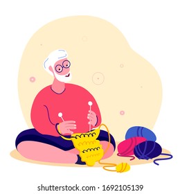 Happy Relaxed Smiling Knitting Old Aged Pensioner Man in Cosy Home Atmosphere. Interested Elderly Father Plying Needle Needlework. Knit a Sweater, Yarn Wool. Favourite Hobby. Flat Vector Illustration