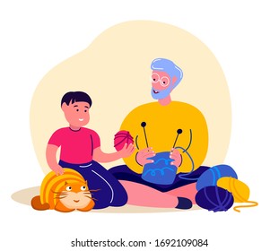 Happy Relaxed Smiling Knitting Old Aged Pensioner Man and Boy Child.Cosy Home Atmosphere.Elderly GrandFather Plying Needle Needlework.Knit a Sweater,Yarn Wool. Favourite Hobby.Flat Vector Illustration
