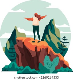 Happy relaxed woman hiking alone in calm summer landscape,. Feeling freedom. Young character travel in mountains. flat vector illustrations. New goals and horizons. Tourist on adventure
