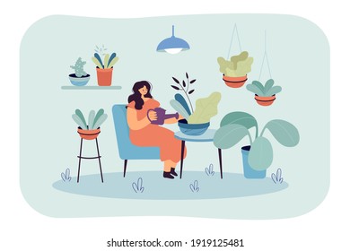 Happy relaxed woman taking care about houseplants in home garden, watering plant in pot. Flat vector illustration for cozy home decoration, greenhouse gardener, growing plants, hobby concept