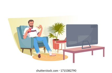 Herzlichen Glückwunsch an den jungen Mann, der im Sessel sitzt, fernsieht und Pizza isst. Bleib zu Hause! Bearded man vor dem Fernsehgerät während der Quarantäne. Home Entertainment. Flacher Cartoon, Vektorgrafik.