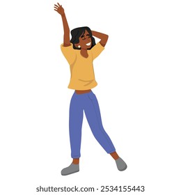 happy and relaxed young woman with arm up, woman stretching. vector illustration.