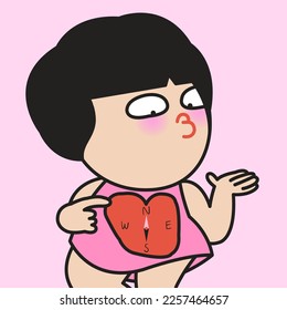 Happy Relaxed Young Woman Guided Herself By Heart Shaped Compass Concept Card Character illustration