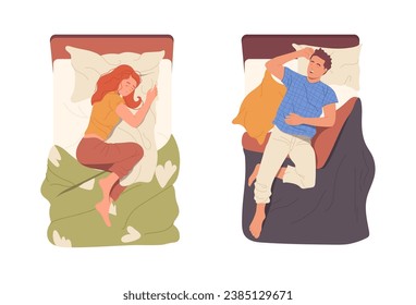 Happy relaxed young woman and man cartoon characters sleeping in bed isolated on white background