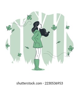 Happy relaxing girl, enjoying calm nature, solitude. Peaceful carefree young girl 
while enjoying the fresh air outdoors on summer holidays. Flat vector illustration