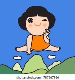 Happy Relaxing Girl Jumping Over Mountain. Concept Of Holiday Vacation Mood Card Character illustration