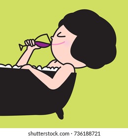 Happy Relaxing Girl Taking A Bubble Bath With A Glass Of Wine Concept Card Character illustration