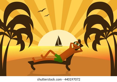 Happy relaxing guy at beach on tropical island seashore. Summer vacation postcard. Lounging man on sunbed under palm trees. Summertime trip landscape with clouds, sun, ocean, sail boat and sandbeach.