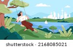 Happy relaxing on rope swings, hanging on tree, enjoying calm nature, solitude. Peaceful carefree young girl sitting on seesaw outdoors near water on summer holidays. Flat vector illustration