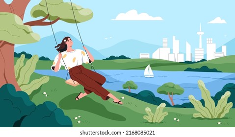 Happy relaxing on rope swings, hanging on tree, enjoying calm nature, solitude. Peaceful carefree young girl sitting on seesaw outdoors near water on summer holidays. Flat vector illustration
