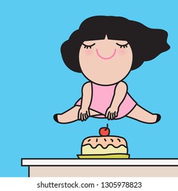 Happy Relaxing Worker Girl Jumping Over Yummy Cake On Office's Desk. Concept Of Friday Mood And Activity Card Character illustration