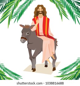 happy religion holiday palm sunday before easter, celebration of the entrance of Jesus into Jerusalem, palmtree leaves vector illustration, man Rides Donkey greetings Christ