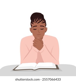 Happy religious woman christian character praying above open Bible on bed. Flat vector Character Illustration