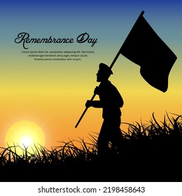 Happy remembrance day design with soldier silhouette and sunset background vector.