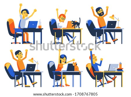 Happy remote worker with laptop jumped up for joy. Succesful people with computer. Online winning celebration. Vector illustration.