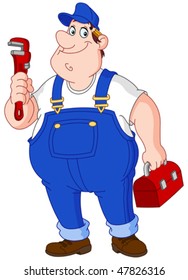 Happy repairman holding big wrench and tool box