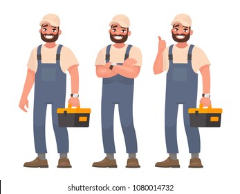 Happy repairman or mechanic with a toolbox. Set of different poses. Vector illustration in cartoon style