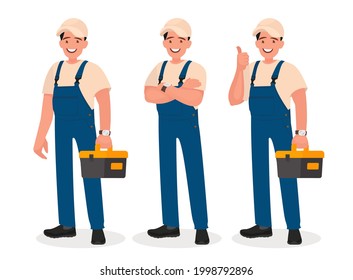 Happy repairman or mechanic with a toolbox. Set of different poses. Vector illustration in cartoon style