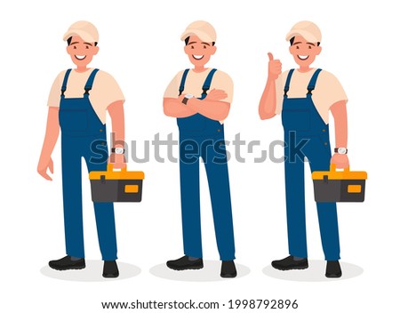 Happy repairman or mechanic with a toolbox. Set of different poses. Vector illustration in cartoon style