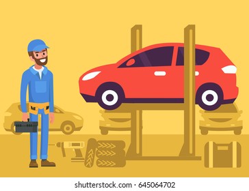 
Happy repairman standing in garage.  Car service auto mechanic. Flat style vector illustration.