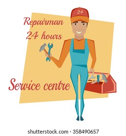 Happy repairman with toolbox. Mechanic. Vector illustration