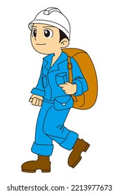A happy repairman wearing uniform and hard hat, carrying a large backpack walking.