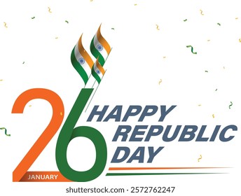 Happy Republic Day 26 January creative logo unit with indian flag and tricolor confetti.