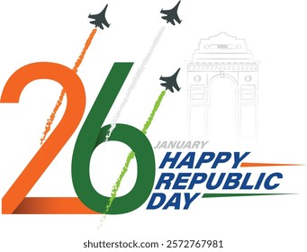 Happy Republic Day 26 January creative logo unit with indian flag and india gate and jet fighter.