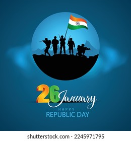 happy republic day. abstract vector illustration of Indian army with flag. blue white background