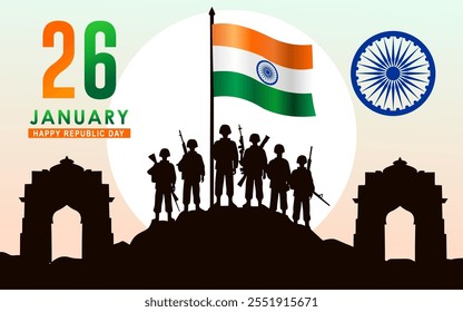 Happy republic day background with silhouette of army and Indian flag and India gate, banner, card, poster and social media posts.