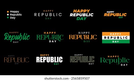 Happy Republic Day Calligraphy, Typography Set. Republic day India Text with tri color of indian flag. 