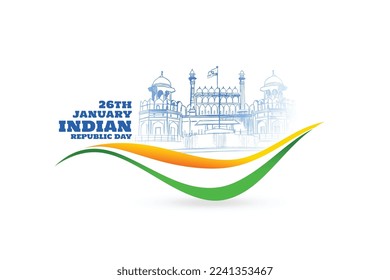 happy republic day card with red fort and wavy indian flag vector 