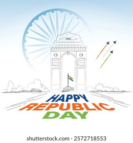 Happy Republic Day celebrate in India gate in line art with jet fighter, banner design.